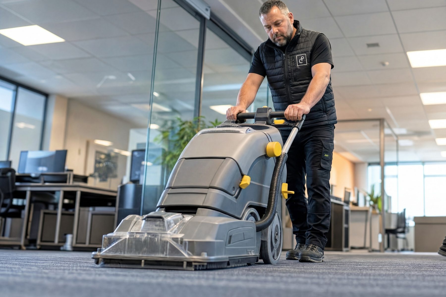 Reinigungskraft mit Scheuersaugmaschine in einem Großraumbüro