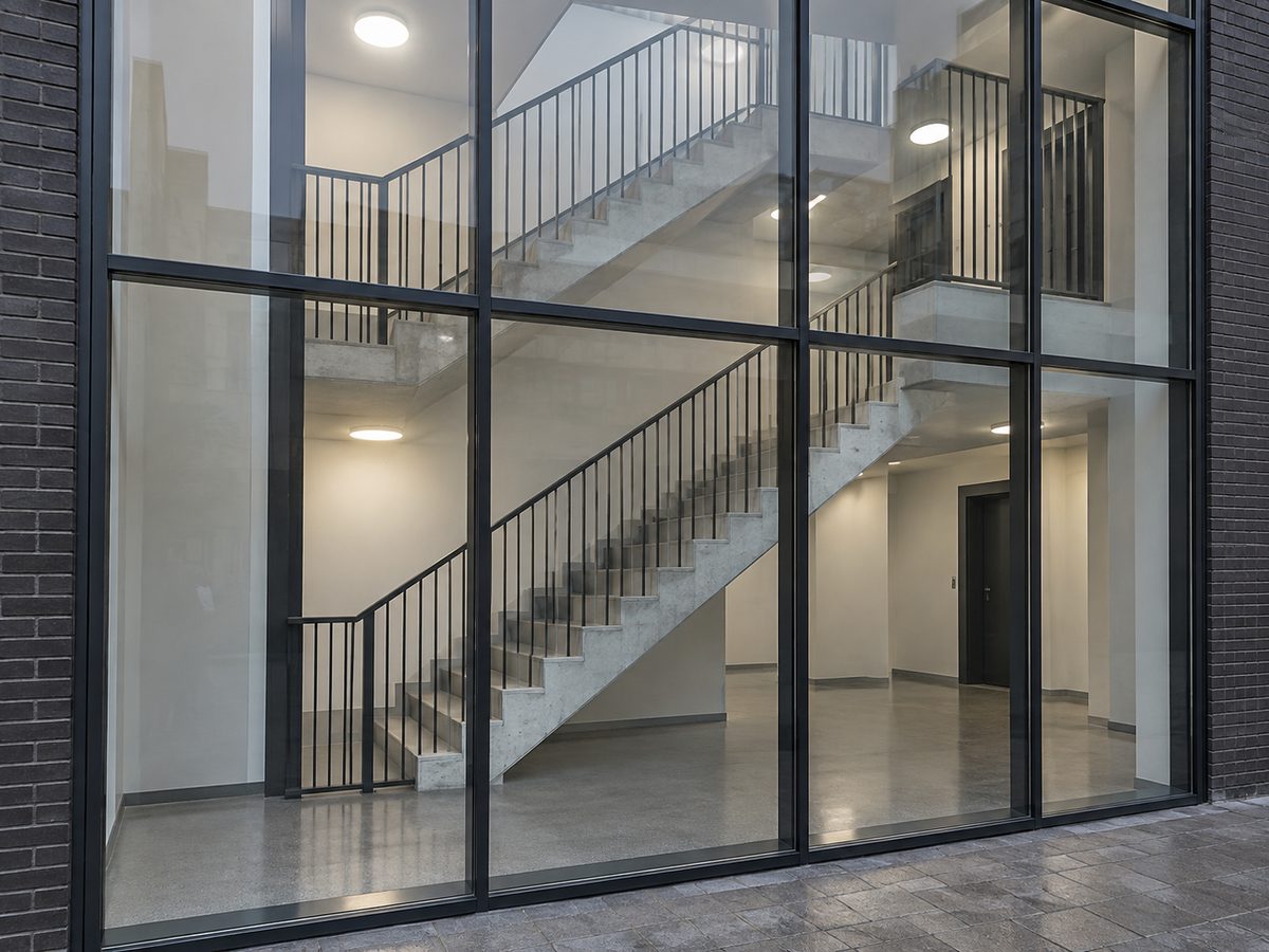 Blick von außen durch die Glasfront in ein sauberes Treppenhaus